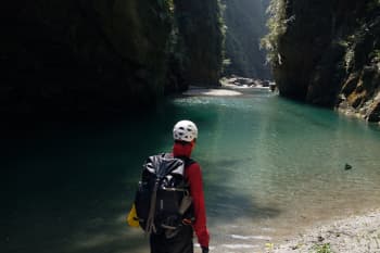 long azure pool in a canyon